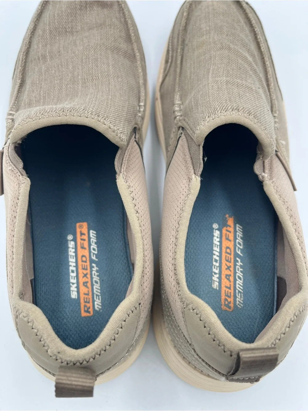 Skechers Men’s 13 Relaxed Fit Memory Foam Slip On Moc Toe Shoes Taupe Beige